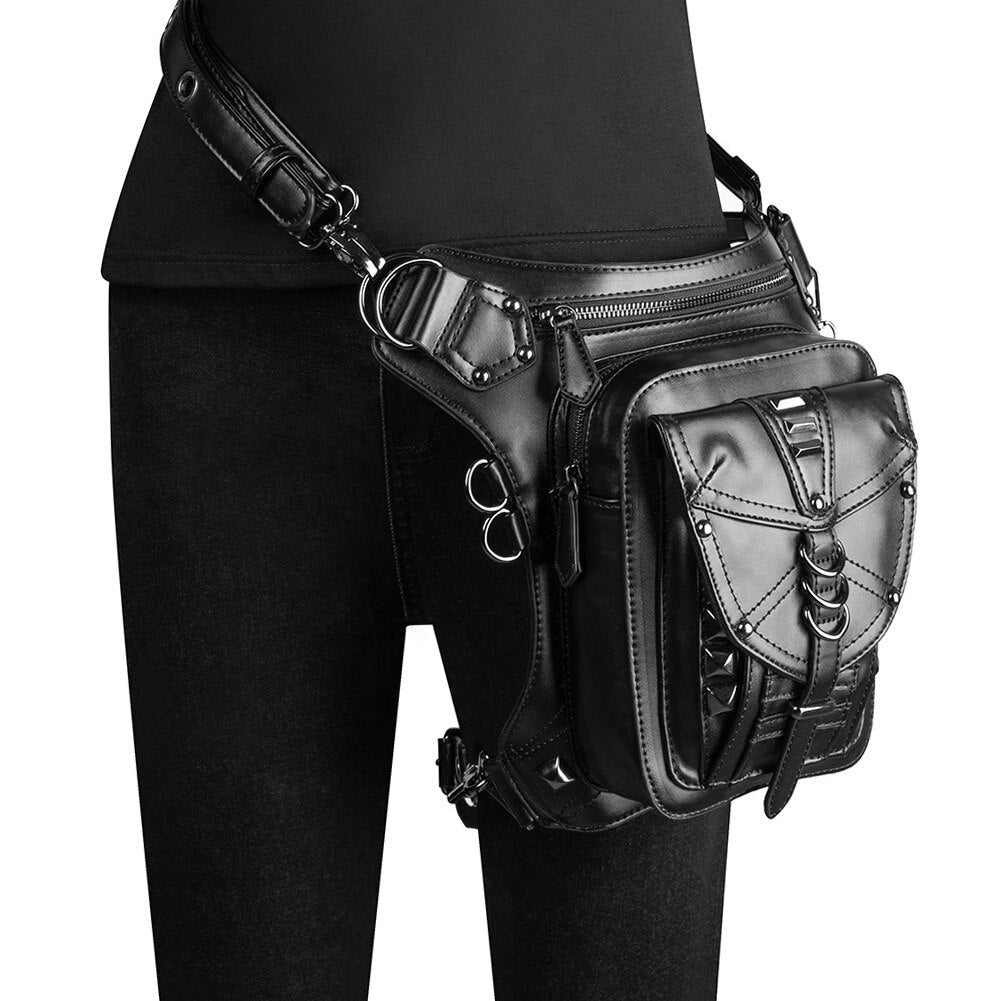 Women Waist Bag Gothic Fanny Packs Motorcycle Hip Leg Purse Steampunk Biker Shoulder Bag Pack for Men PU Leather Crossbody Bags