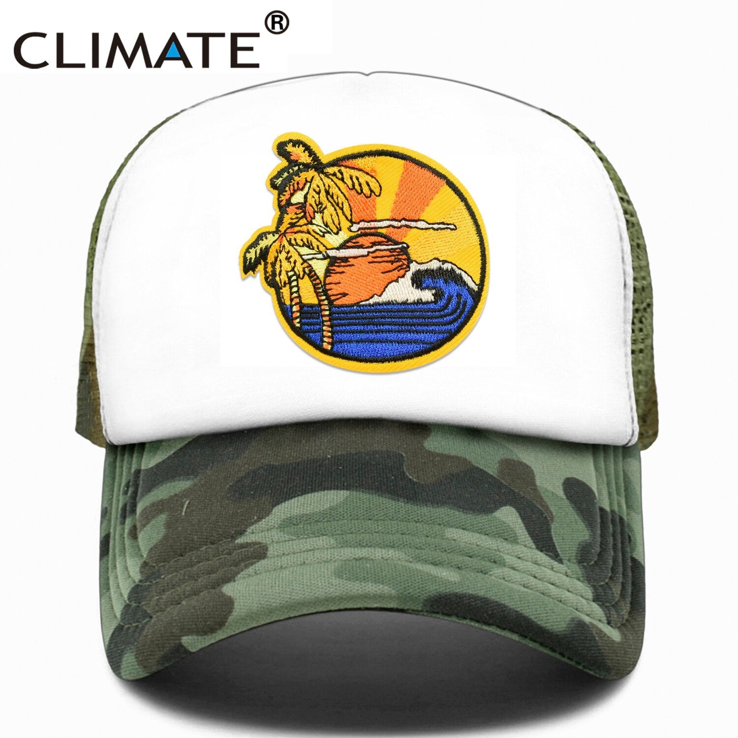 CLIMATE Seaside View Trucker Cap Hat Sandbeach Sight Vacation Cap Coconut Holiday Mesh Cap Surfing Sunrise Sea Wave Cool Hat Cap