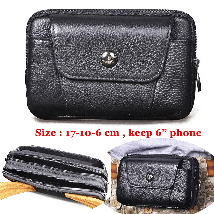 Vintage Crazy Horse Leather Male Gift Small Summer Pouch Design Cigarette Case 6" Phone Pouch Travel Fanny Waist Belt Bag 1607