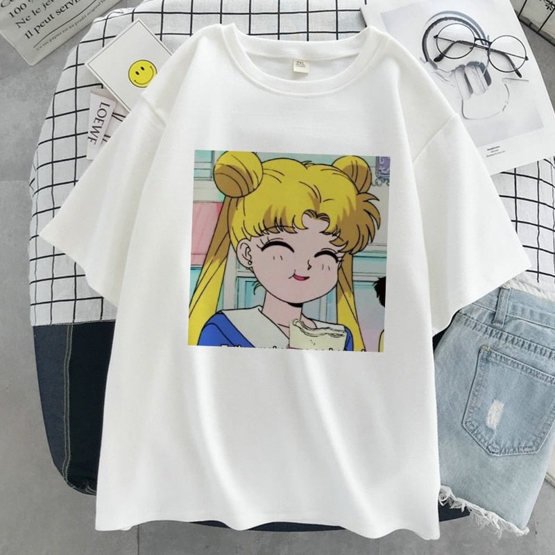 Sailor Moon Kawaii Graphic Print T-shirt Women Sailor Moon White Top Streetwear