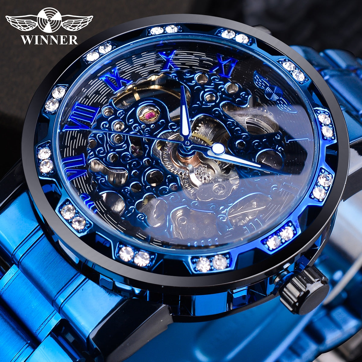 Winner Transparent Diamond Mechanical Watch Blue Stainless Steel Skeleton Watch