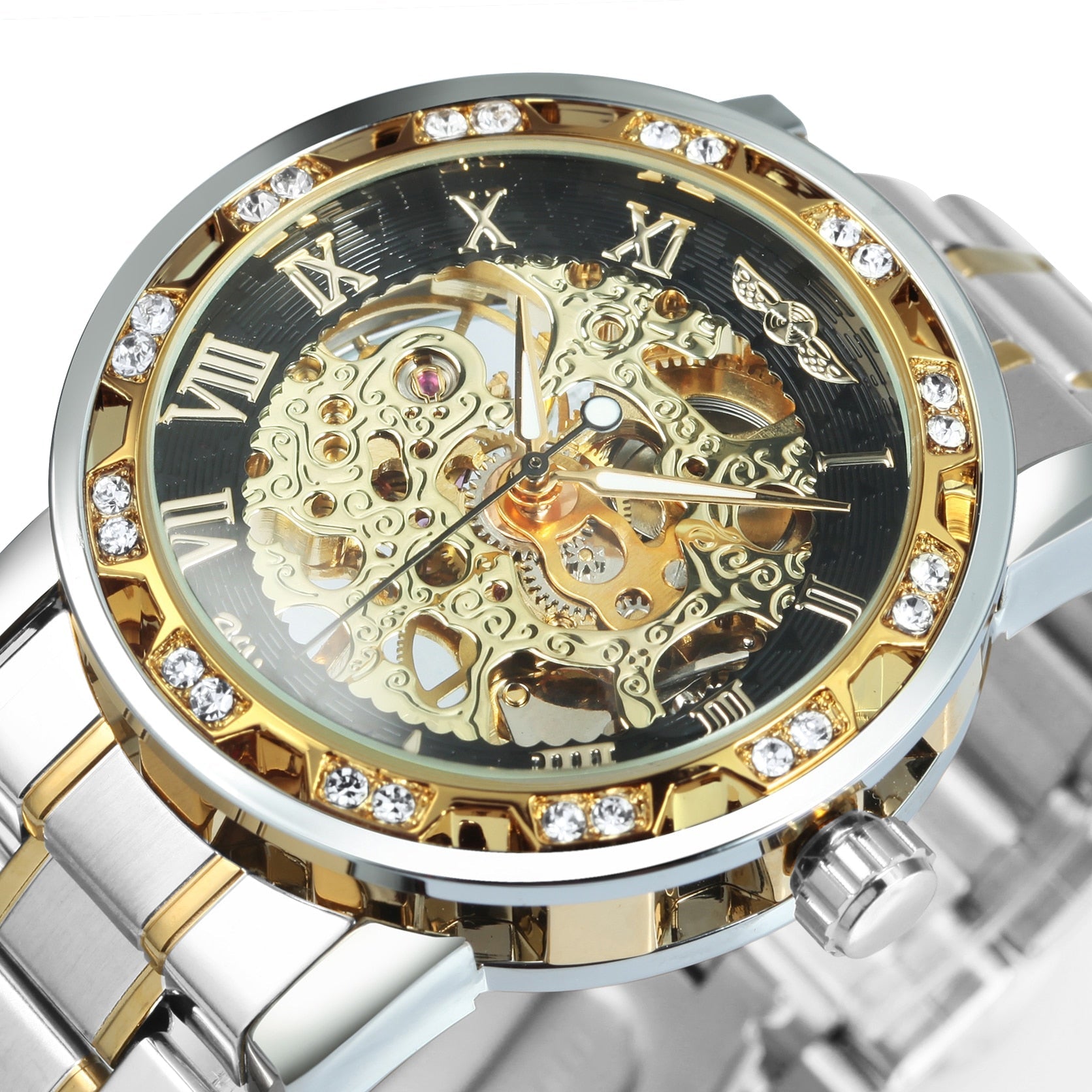 Winner Transparent Fashion Diamond Luminous Royal Design Mens Watches Top Brand Luxury Male Mechanical Skeleton Gold Wrist Watch