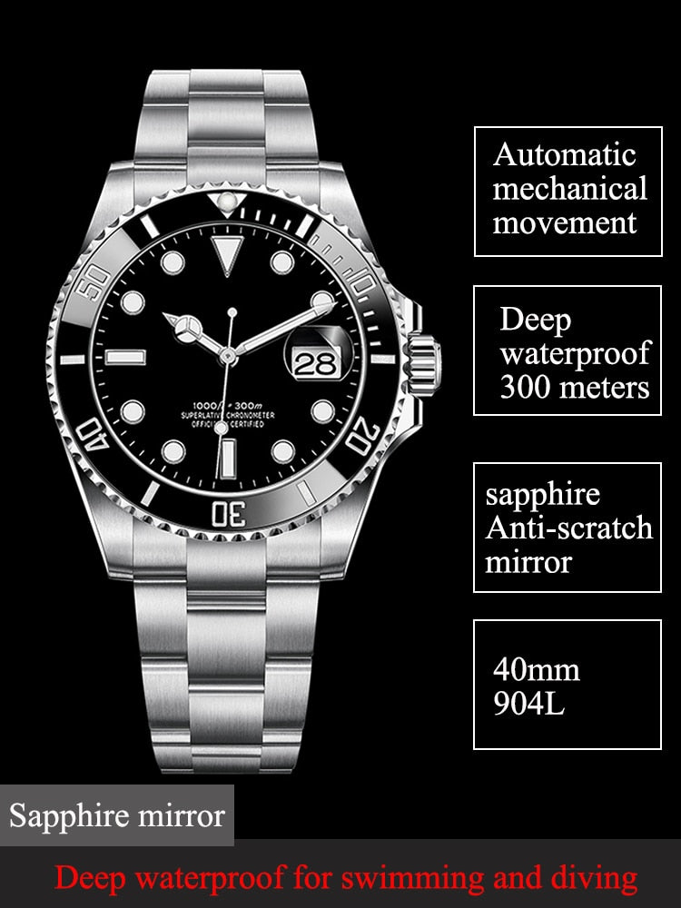 Submariner Men's Watches Mechanical Wrist Watches Water Ghost Stainless Steel Watch Top Brand Sapphire Glass Men Women Watches