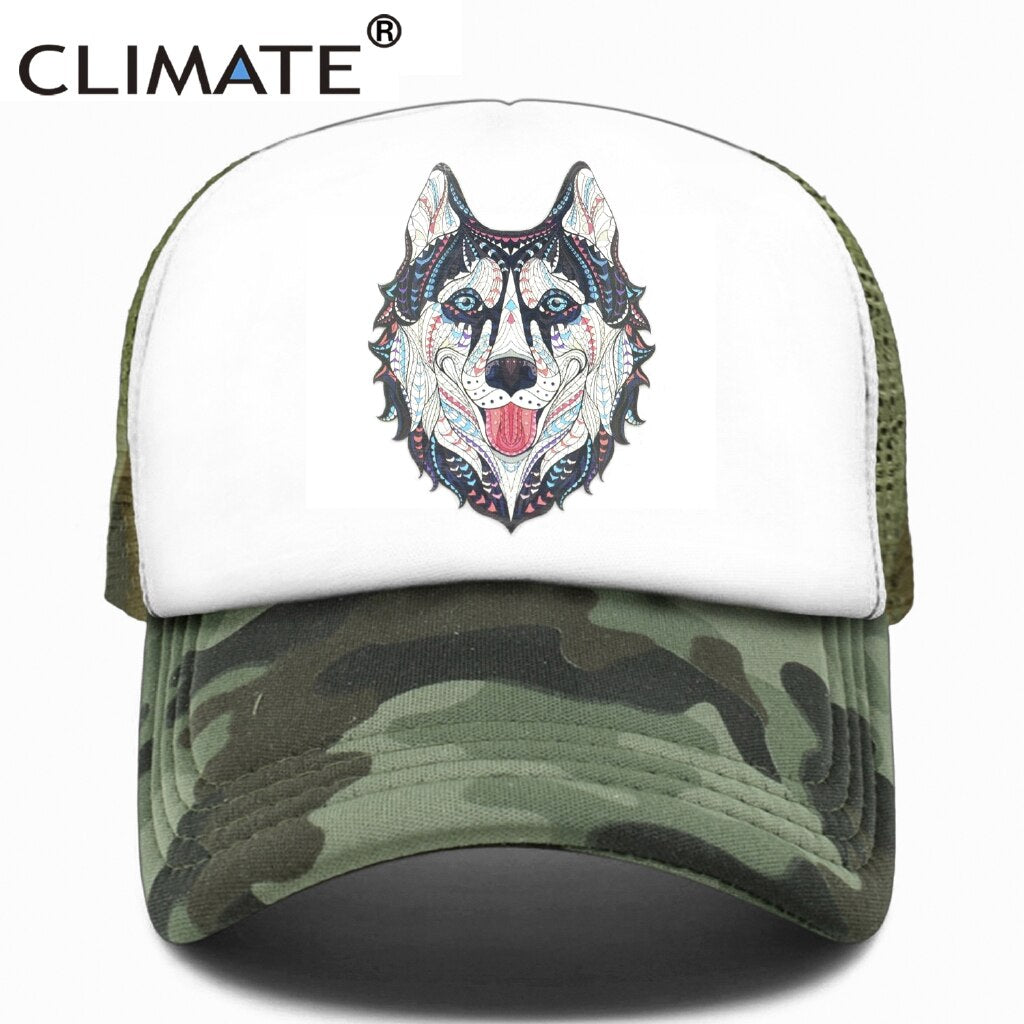 CLIMATE Wolf Husky Dog Cap Alaskan Dog Wolf Trucker Cap Hat Animal Huskie Trucker Caps Mesh Cap Hat for Men