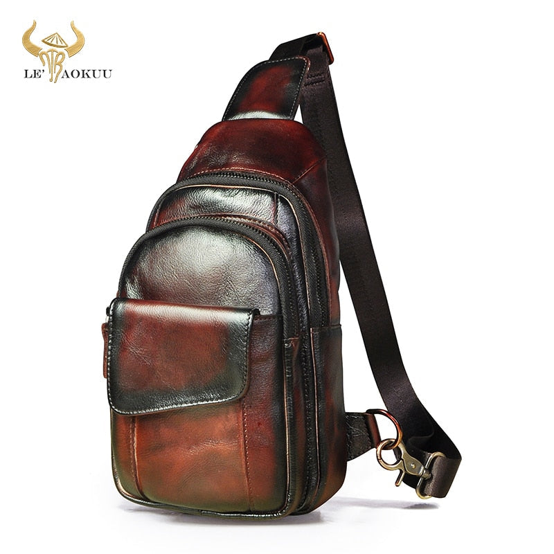 Luxury Quality Leather Fashion Wine Triangle Sling Chest Bag 8" Tablet Design Travel One Shoulder Cross body Bag Male 8013