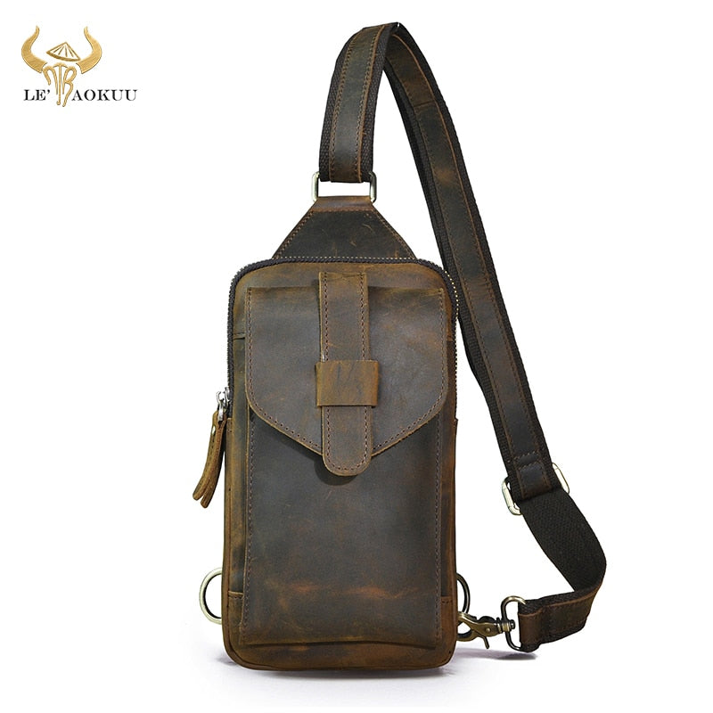 Luxury Men Crazy Horse Leather Vintage Triangle Chest Sling Bag Design Travel Daypack Tea One Shoulder Crossbody Bag XB571