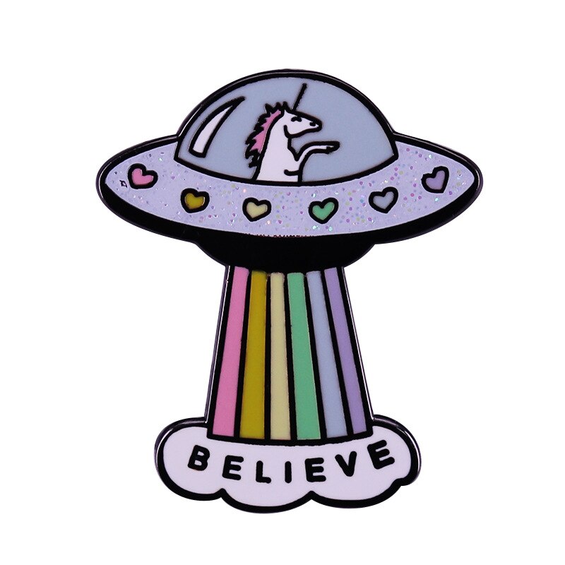 Unicorn spaceship flashing brooch with rainbow beams cute cartoon accessory badge