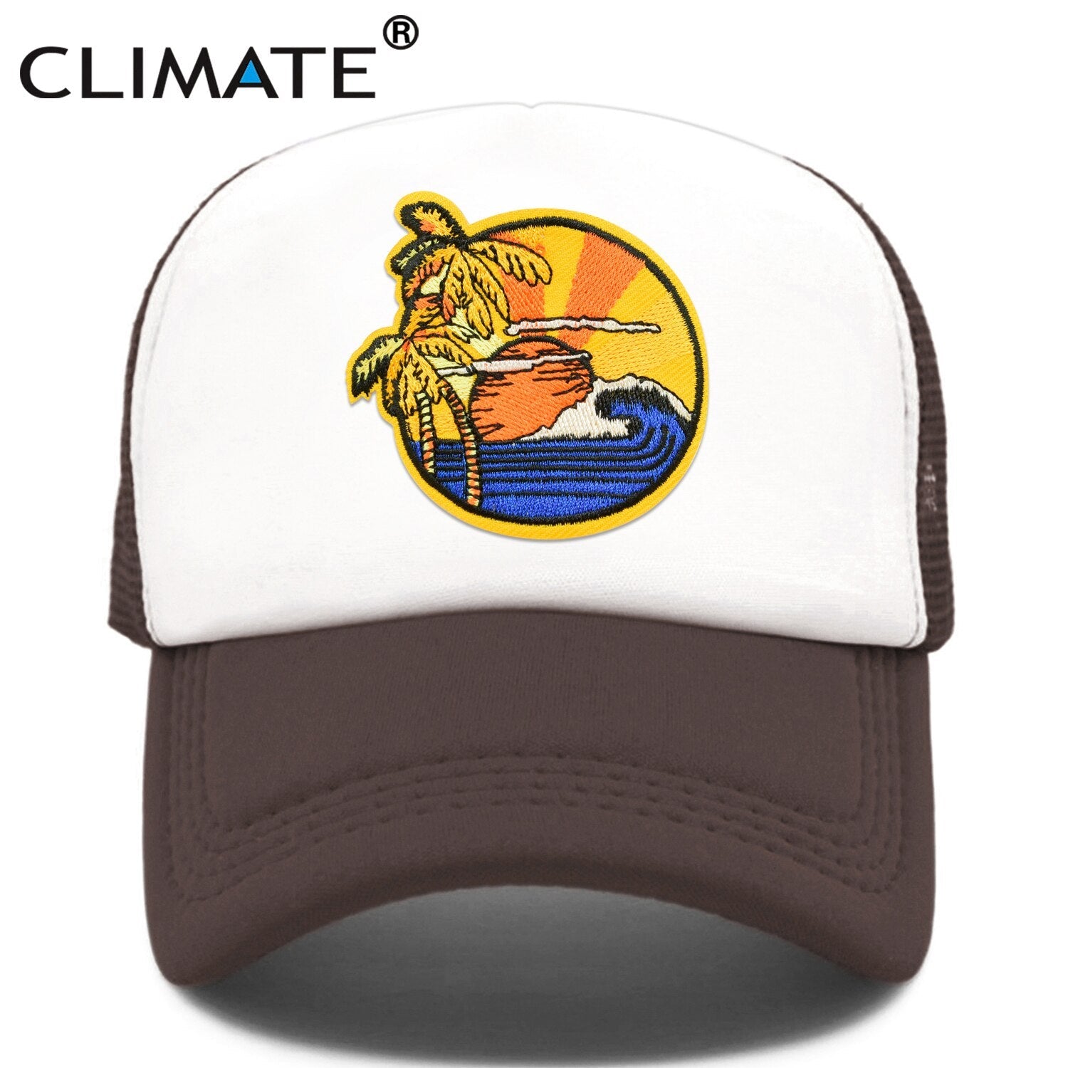 CLIMATE Seaside View Trucker Cap Hat Sandbeach Sight Vacation Cap Coconut Holiday Mesh Cap Surfing Sunrise Sea Wave Cool Hat Cap