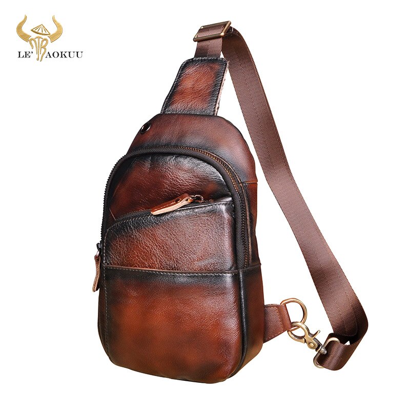 Hot Sale Men Genuine Real Leather Casual Travel Chest Sling Bag Design One Shoulder Bag Fashion Blue Cross-body Bag Male 8010