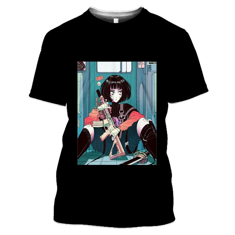 Japan 90's Anime Aesthetic Art Men's T-shirt Cool Girls Boys Gun Sword Summer Casual Harajuku T Shirt 3D Print Beauty Street Fit