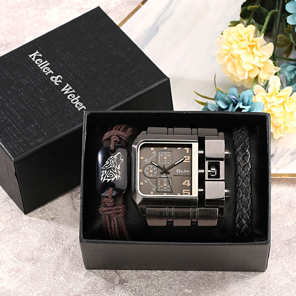 Top Brand Luxury Fashion Men Wristwatch Gold Stainless Steel Sport Square Digital Big Dial Quartz Watches Gift Set Reloj Hombre