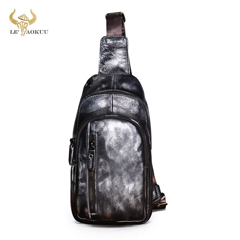 Real Genuine Leather Design Triangle Sling Chest Bag For Men Male Travel One Shoulder Strap Bag 8" Tablet Umbrella Daypack 8005