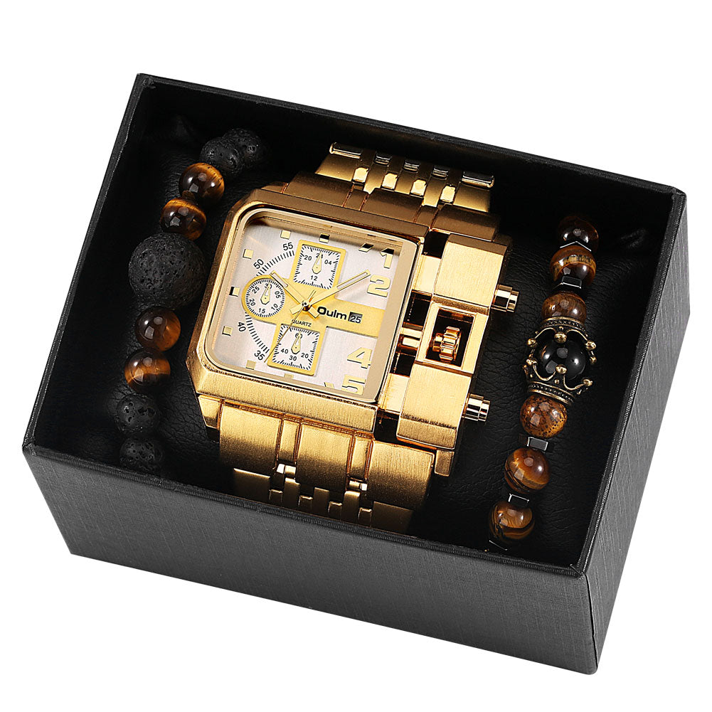 Top Brand Luxury Fashion Men Wristwatch Gold Stainless Steel Sport Square Digital Big Dial Quartz Watches Gift Set Reloj Hombre