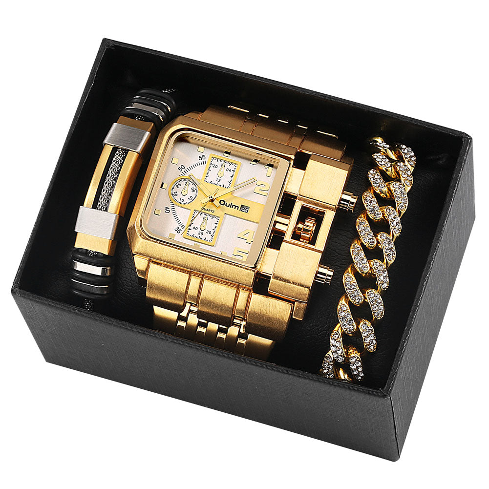 Top Brand Luxury Fashion Men Wristwatch Gold Stainless Steel Sport Square Digital Big Dial Quartz Watches Gift Set Reloj Hombre