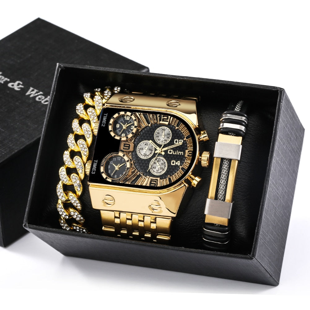 Top Brand Luxury Fashion Men Wristwatch Gold Stainless Steel Sport Square Digital Big Dial Quartz Watches Gift Set Reloj Hombre