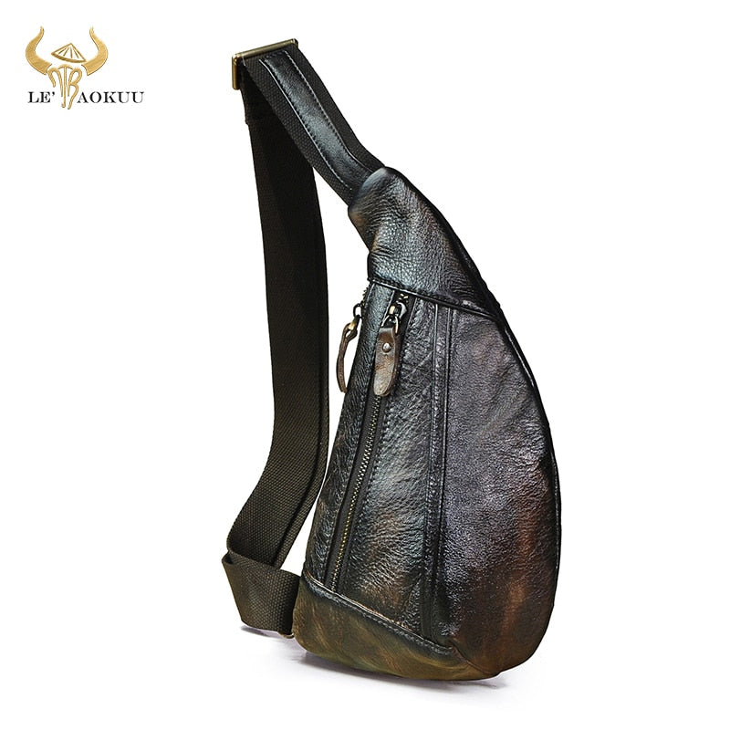 2021 Men Real Leather Vintage Coffee Triangle Chest Sling Bag 8" Tablet Umbrella Design One Shoulder Cross-body Bag Male 8807