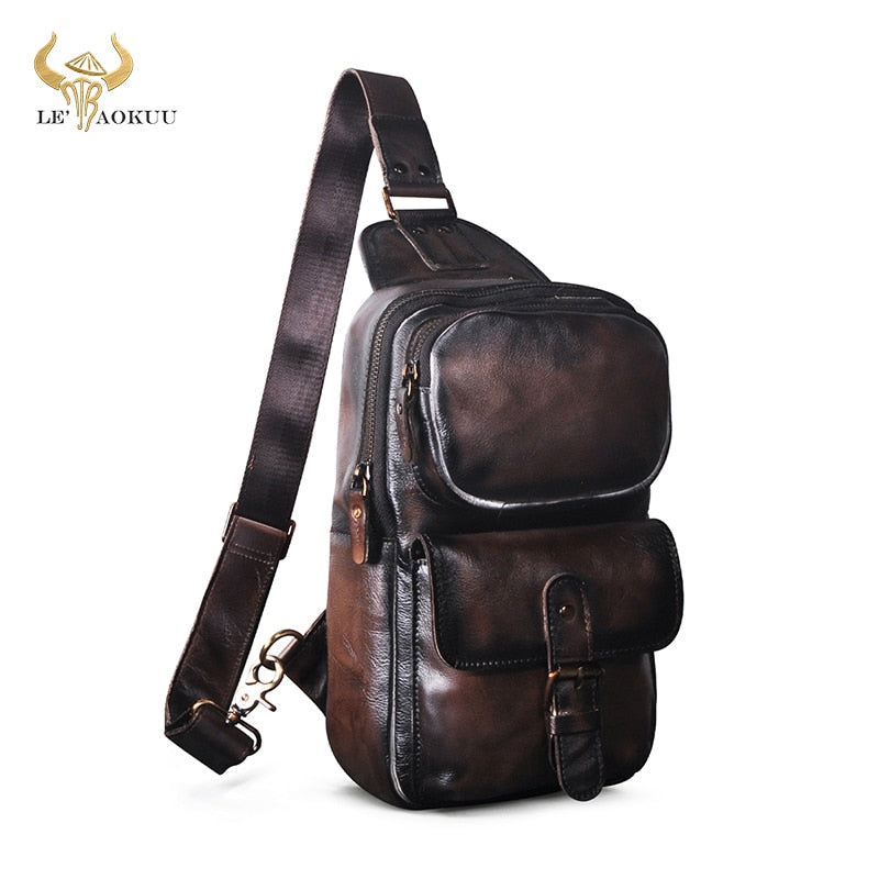 2022 New Real Original Leather Vintage Triangle Chest Sling Bag 8" Tablet Design One Shoulder Bag Cross body Bag Men Male 1315