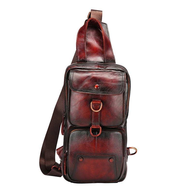 2022 Hot Sale Grain Genuine Leather Retro Sling Chest Bag 8" Tablet Design One Shoulder Strap Cross-body Bag For Men Male 8021