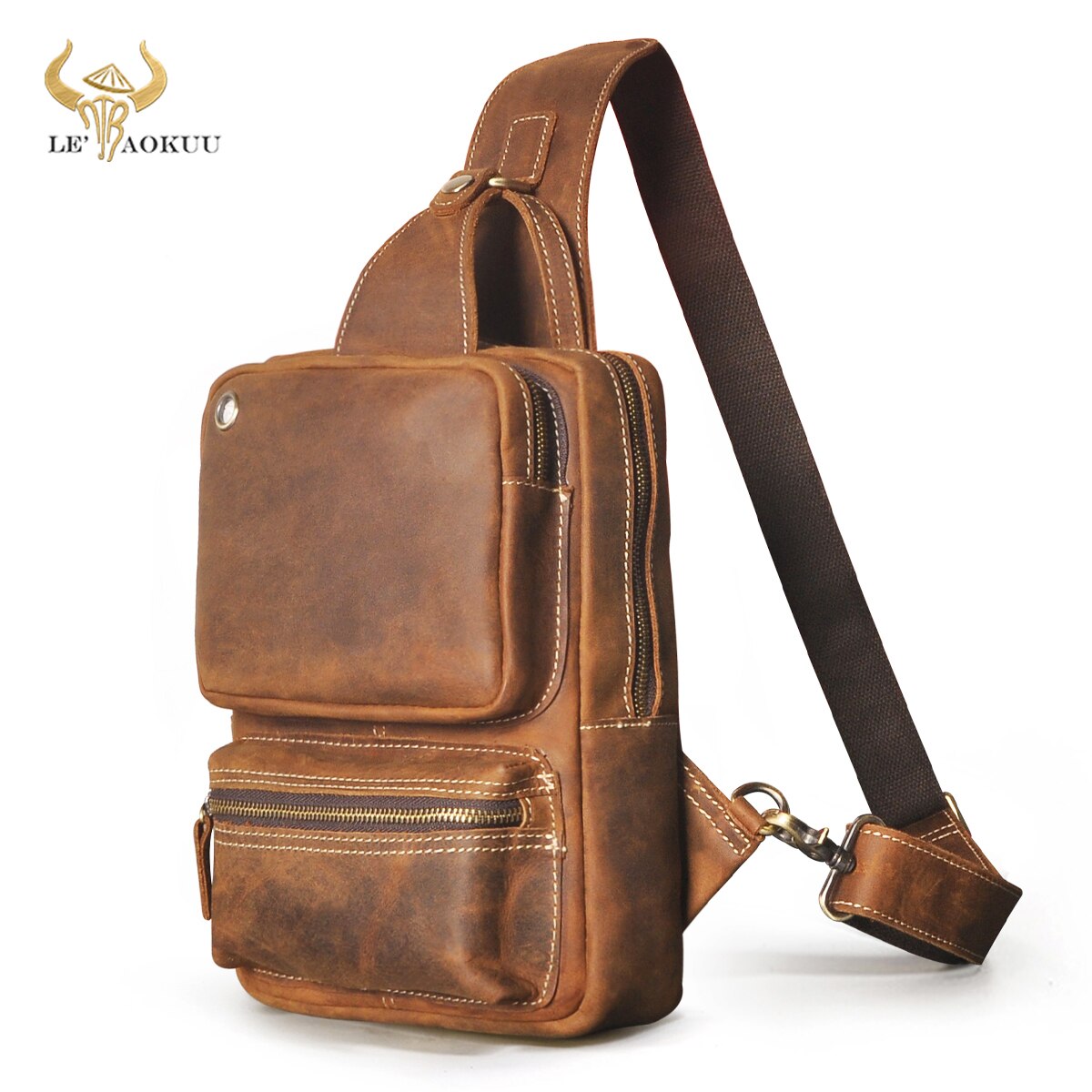 Hot Sale New Crazy Horse Leather Vintage Sling Chest Bag 10" Tablet Design One Shoulder Strap Cross-body Bag For Men Male 8317