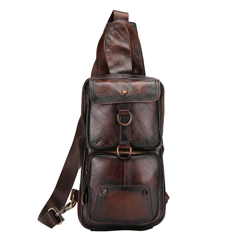 2022 Hot Sale Grain Genuine Leather Retro Sling Chest Bag 8" Tablet Design One Shoulder Strap Cross-body Bag For Men Male 8021