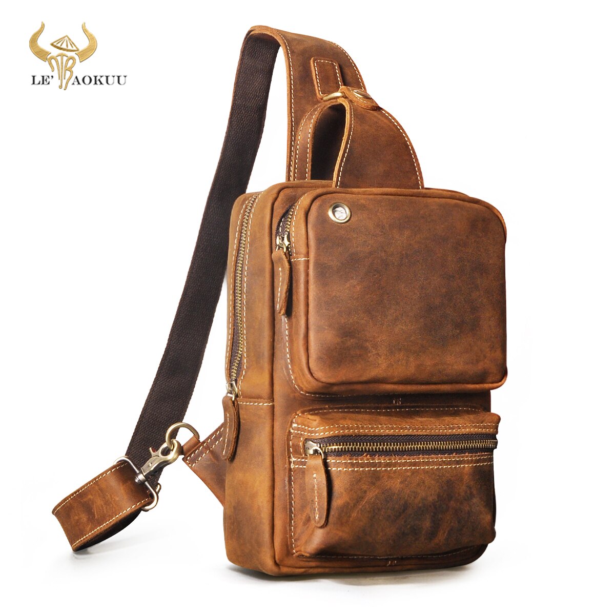 Hot Sale New Crazy Horse Leather Vintage Sling Chest Bag 10" Tablet Design One Shoulder Strap Cross-body Bag For Men Male 8317