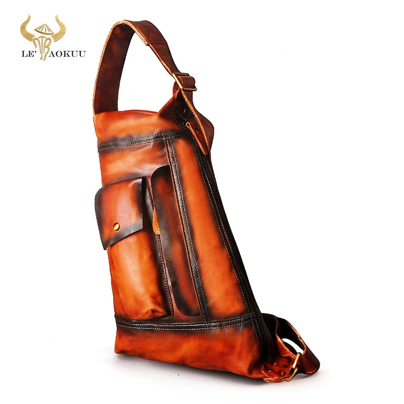 New Hot Sale Soft Natural Leather Fashion Chest Sling Bag For Men 9" Tablet Design Travel One Shoulder Cross-body Bag Male 2329