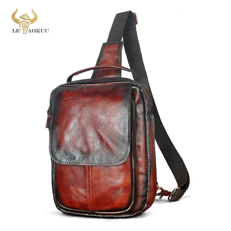 Full Grain Leather Fashion Triangle Chest Sling Bag 8" Tablet Travel Design Tote One Shoulder Cross body Bag For Men Male 20154