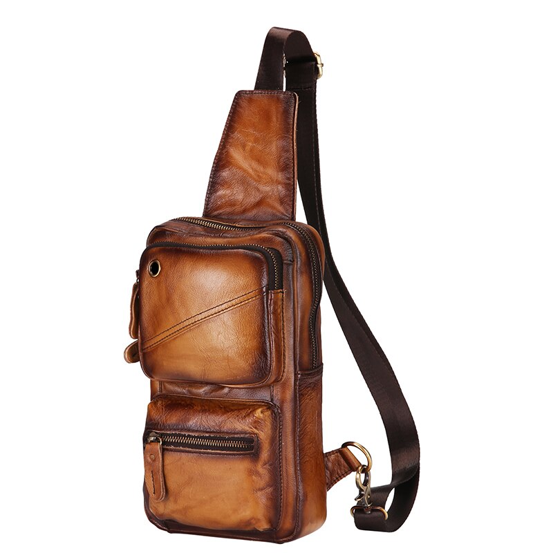 Hot Sale Real Original Leather Triangle Sling Chest Bag 8" Tablet Design One Shoulder Strap Cross-body Bag For Men Male 8020