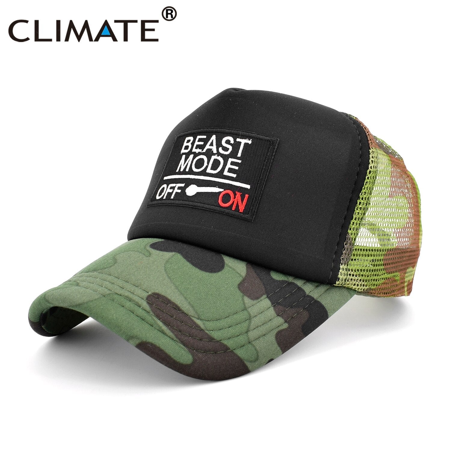 CLIMATE Beast Mode On Trucker Cap Cool Gym Beast Funny Camouflage Cap for Man Men Bodybuilding Summer Cool Baseball Mesh Caps