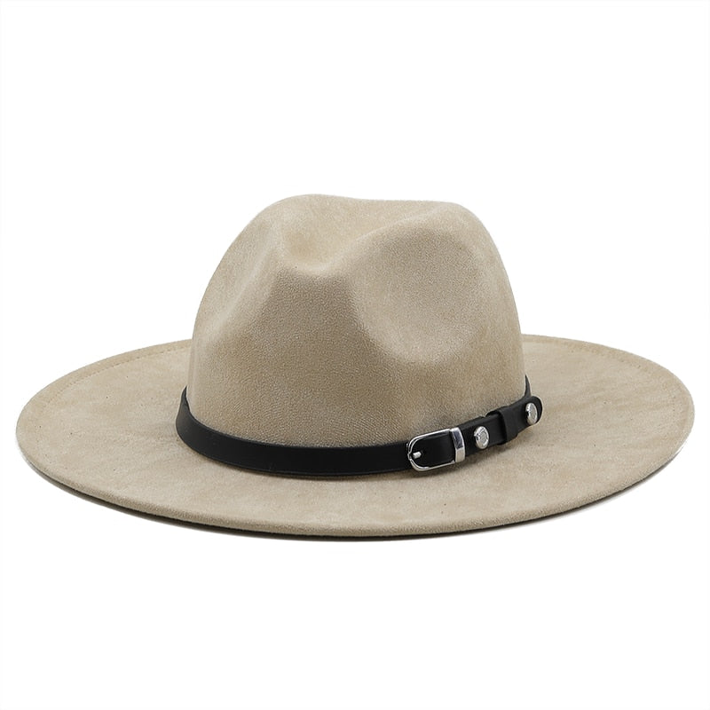 Women Men Suede Fedora Hat With Leather Ribbon Gentleman Elegant Lady Winter Autumn Wide Brim Jazz Church Panama Sombrero Cap