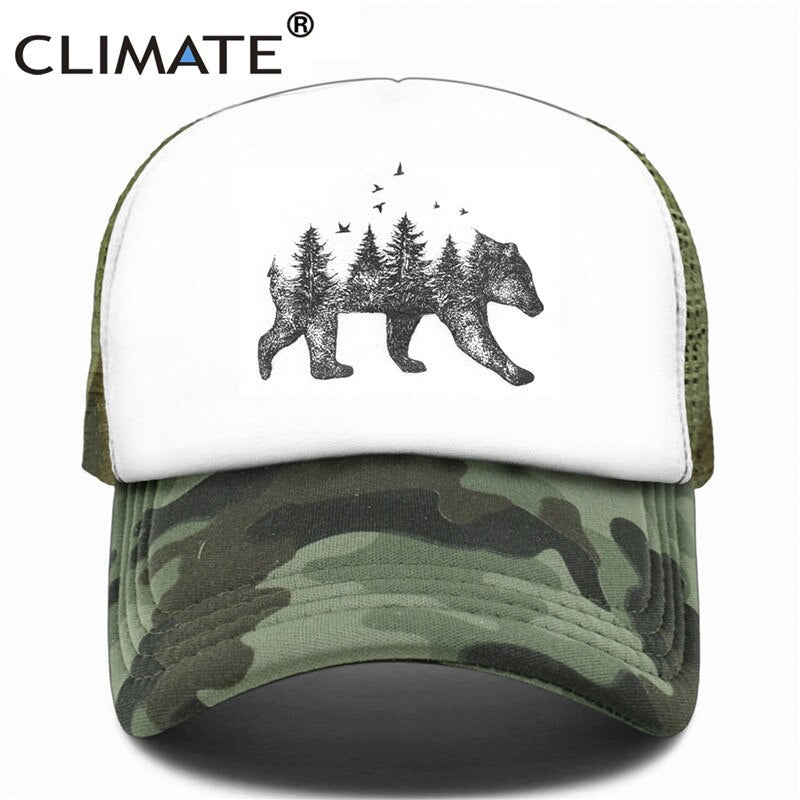 CLIMATE Forest Bear Trucker Cap Hunt Hunting Cap Hat Hip Hop Men Women Hat Baseball Cap Cool Summer Mesh Caps