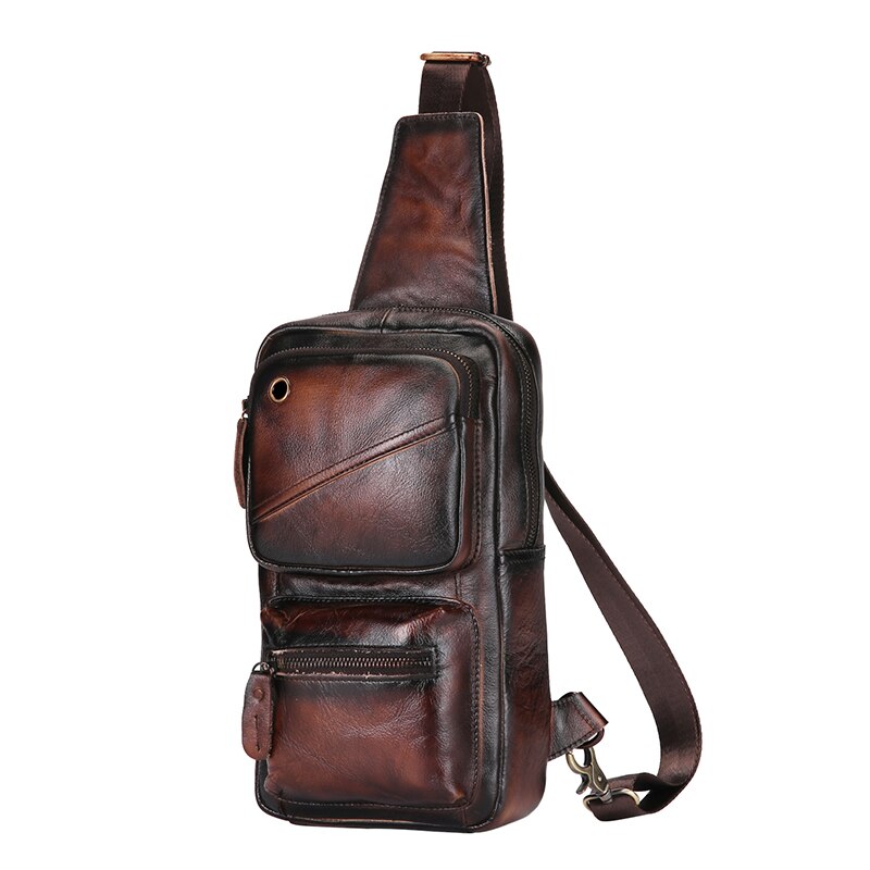 New Hot Sale Genuine Grain Leather Triangle Sling Chest Bag 8" Tablet Design One Shoulder Strap Cross-body Bag For Men Male 8020