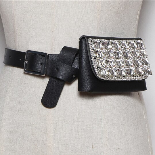 Mini Waist Packs Women Diamonds Rhinestone Waist Belt With Money Bag PU Leather Liptstick Coin Key Street Female Fanny Pack