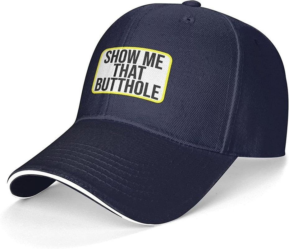 Show Me That Butthole Hat LGBT Rainbow Lesbian LGBT Pride Baseball Cap Funny Joke Flat Bill Cap White Elephant Gifts