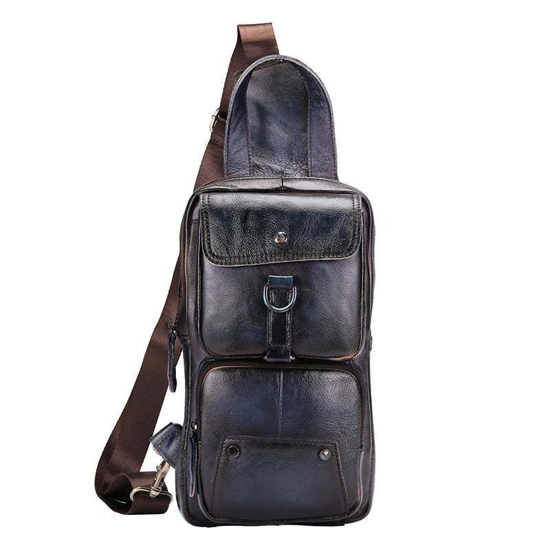 2022 Hot Sale Grain Genuine Leather Retro Sling Chest Bag 8" Tablet Design One Shoulder Strap Cross-body Bag For Men Male 8021