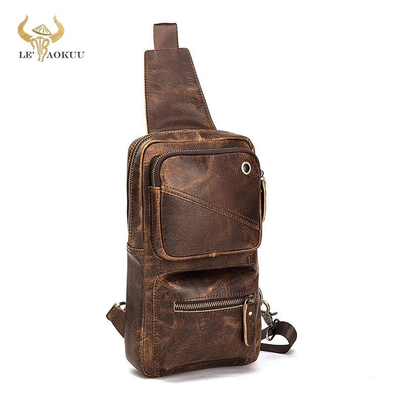 Hot Sale Real Soft Natural Leather Triangle Sling Chest Bag 8" Tablet Design One Shoulder Strap Cross-body Bag For Men Male 8020