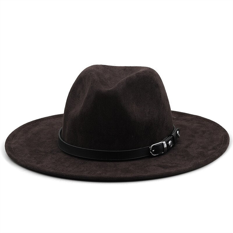 Women Men Suede Fedora Hat With Leather Ribbon Gentleman Elegant Lady Winter Autumn Wide Brim Jazz Church Panama Sombrero Cap