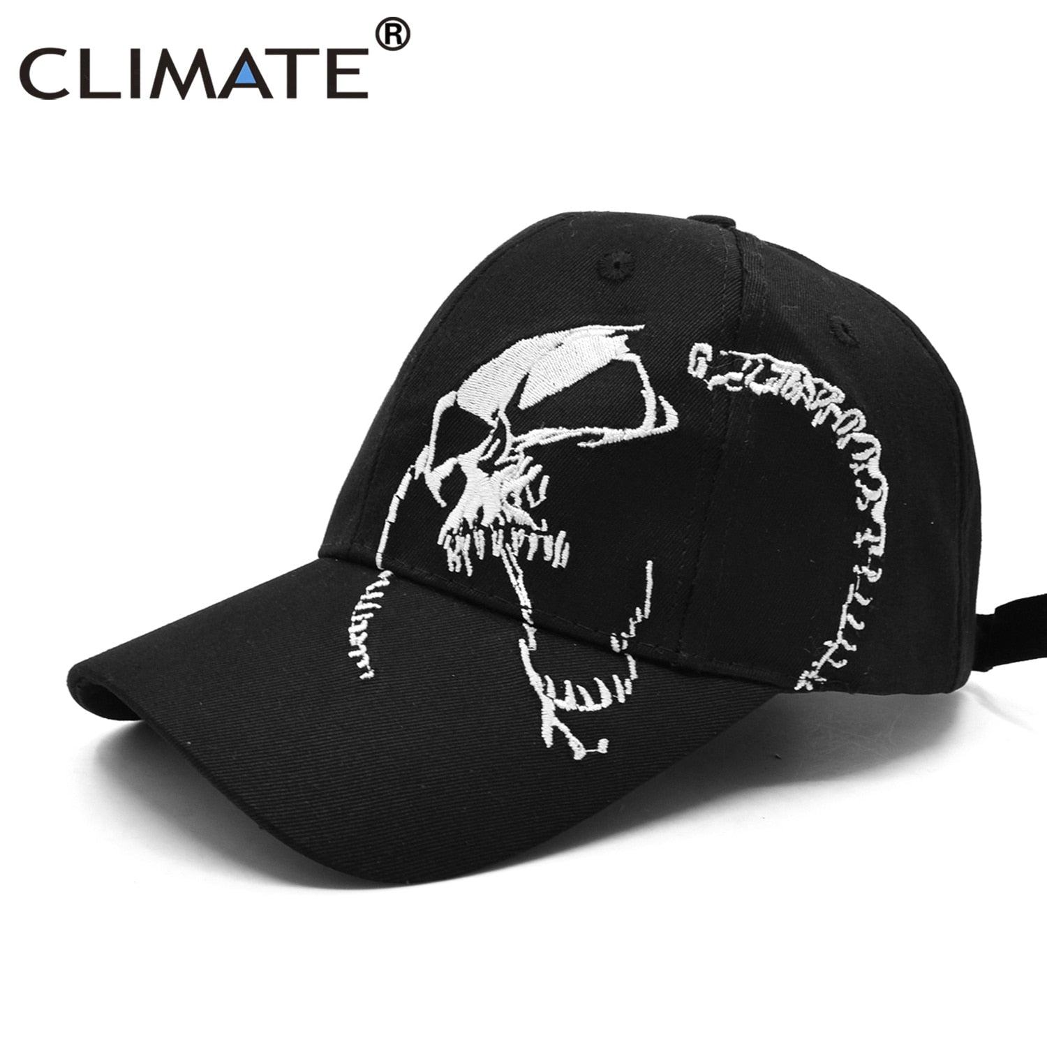 CLIMATE Black Skull Baseball Cap Men Skeleton Bone Embroidery Sport Cap Cool Black Cool Cap Hats Cotton Baseball Caps Men