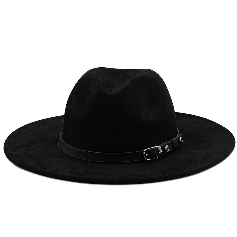 Women Men Suede Fedora Hat With Leather Ribbon Gentleman Elegant Lady Winter Autumn Wide Brim Jazz Church Panama Sombrero Cap