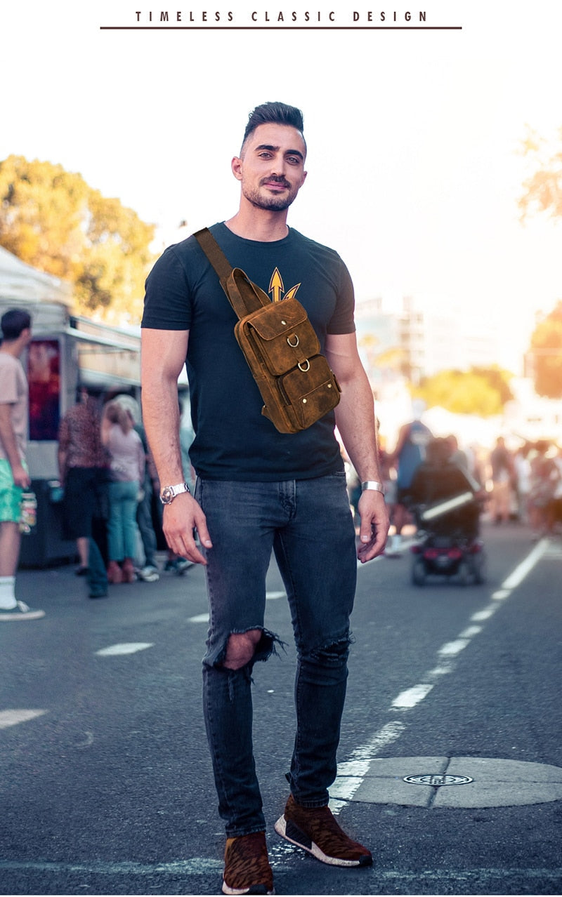 2022 Hot Sale Grain Genuine Leather Retro Sling Chest Bag 8" Tablet Design One Shoulder Strap Cross-body Bag For Men Male 8021