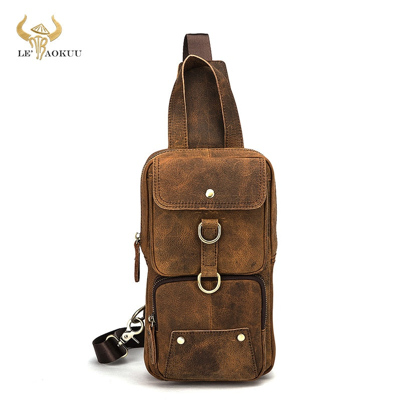 2022 Hot Sale Grain Genuine Leather Retro Sling Chest Bag 8" Tablet Design One Shoulder Strap Cross-body Bag For Men Male 8021