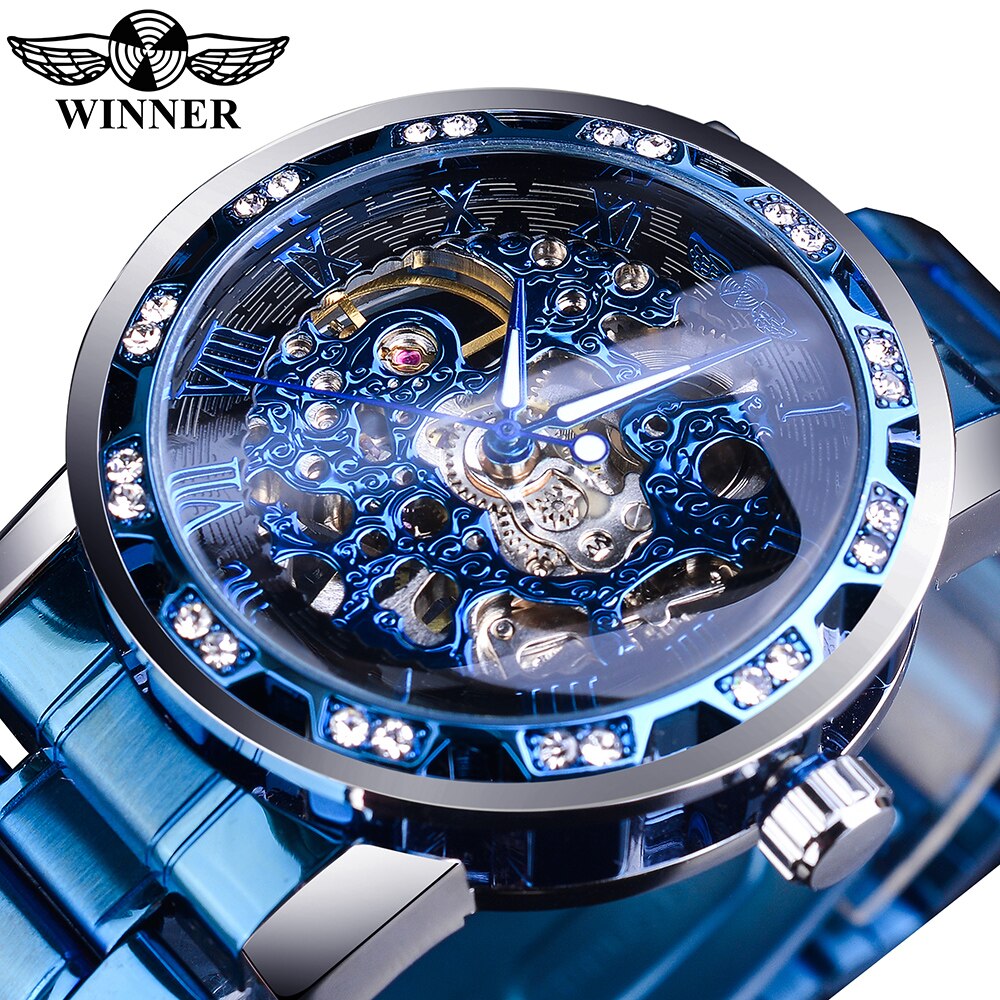 Winner Transparent Diamond Mechanical Watch Blue Stainless Steel Skeleton Watch